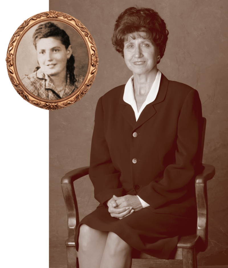 Actress Betsey Means as Alicia Appleman Jerman, black and white image with portrait of Jerman inset