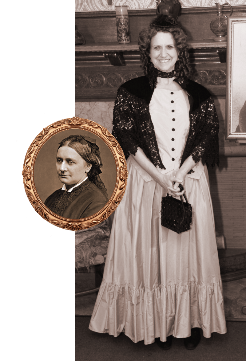 Actress Betsey Means as Clara Schumann, black and white image with portrait of Schumann inset