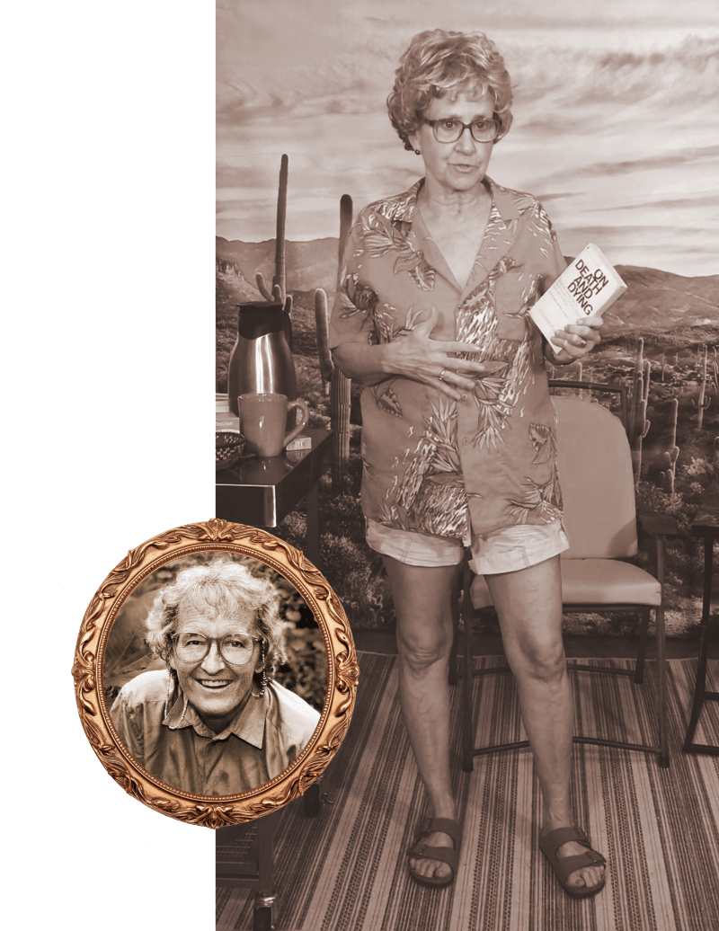 Actress Betsey Means as Elisabeth Kubler Ross, black and white image with portrait of Ross inset