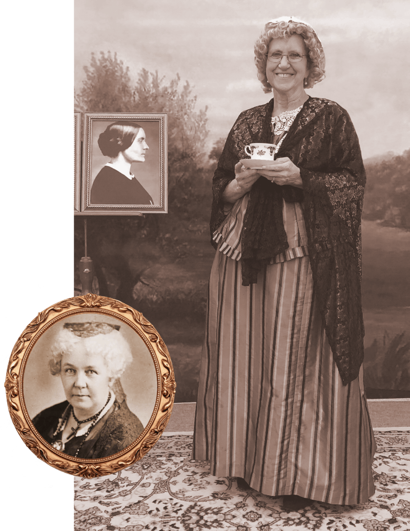 Actress Betsey Means as Elizabeth Cady Stanton, black and white image with portrait of Stanton inset
