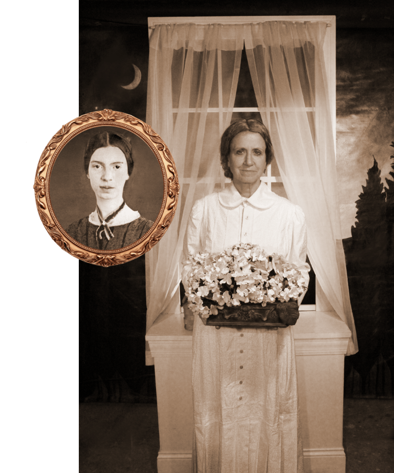 Actress Betsey Means as Emily Dickinson, black and white image with portrait of Dickinson inset
