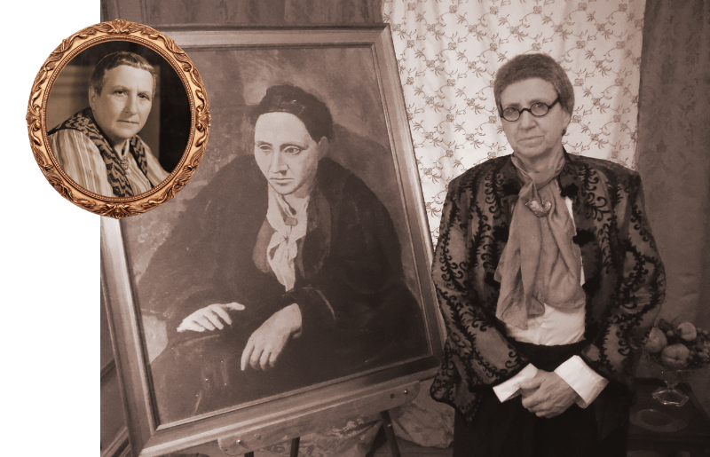 Actress Betsey Means as Gertrude Stein, black and white image with portrait of Stein inset