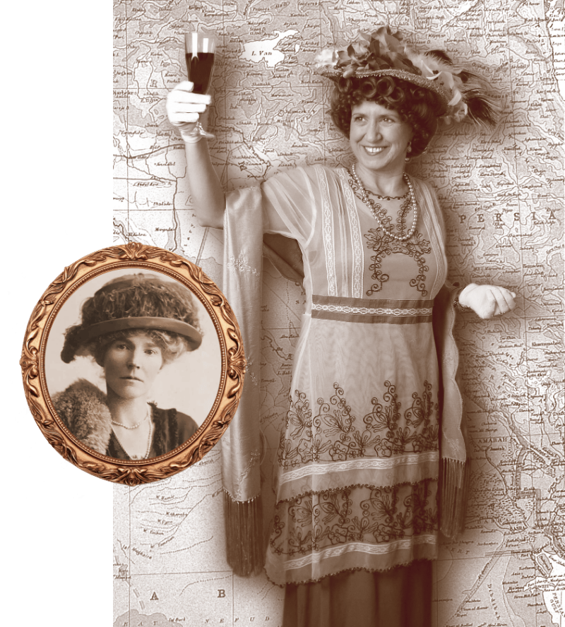Actress Betsey Means as Gertrude Bell, black and white image with portrait of Bell inset