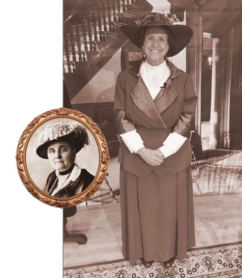 Actress Betsey Means as Jane Addams, black and white image with portrait of Addams inset