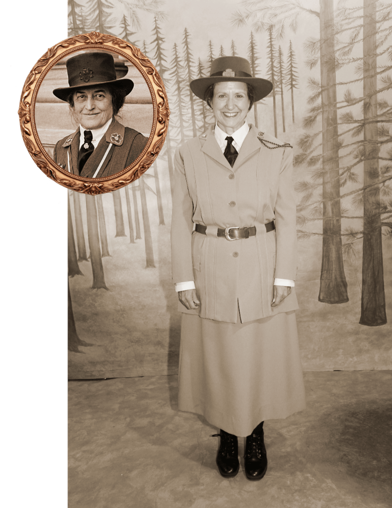 Actress Betsey Means as Juliet Gordon Lowe, black and white image with portrait of Gordon Lowe inset