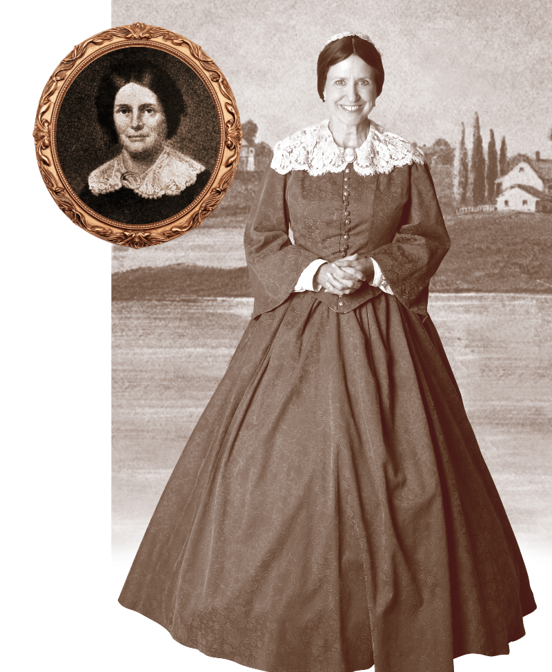 Actress Betsey Means as Juliette Kinzie, black and white image with portrait of Kinzie inset