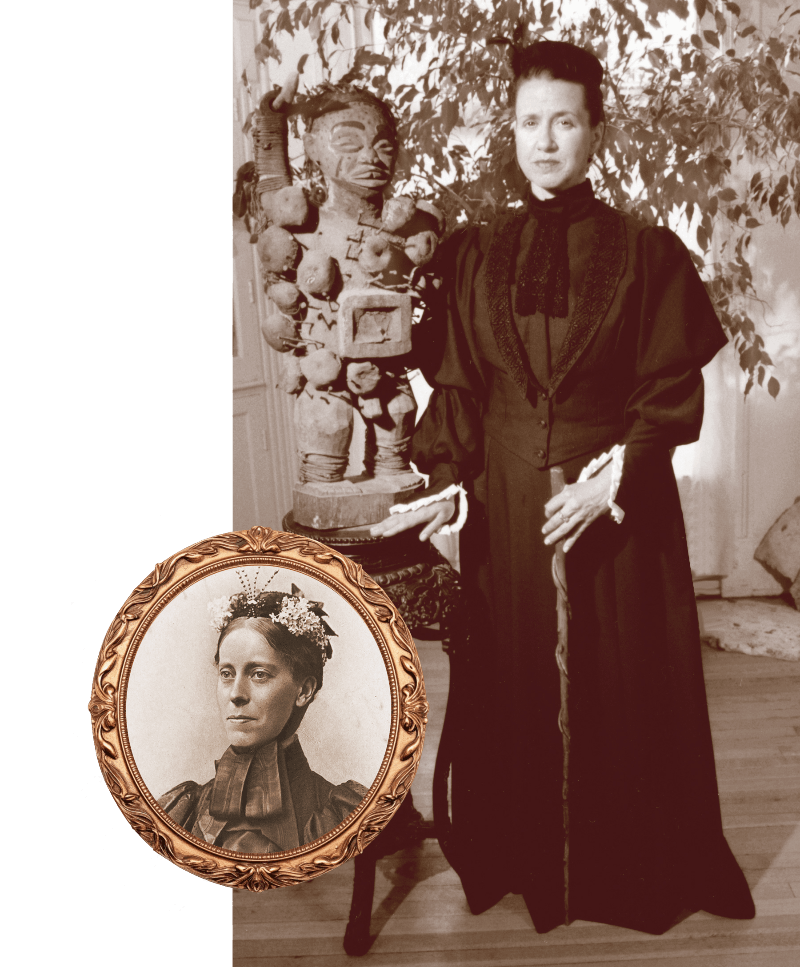 Actress Betsey Means as Mary Kingsley, black and white image with portrait of Kingsley inset