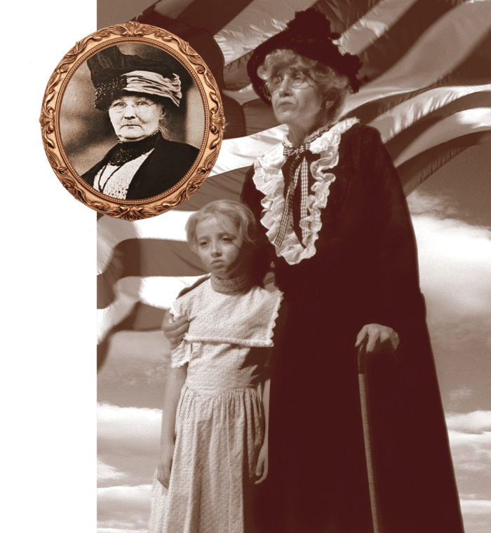Actress Betsey Means as Mother Jones, black and white image with portrait of Mother Jones inset